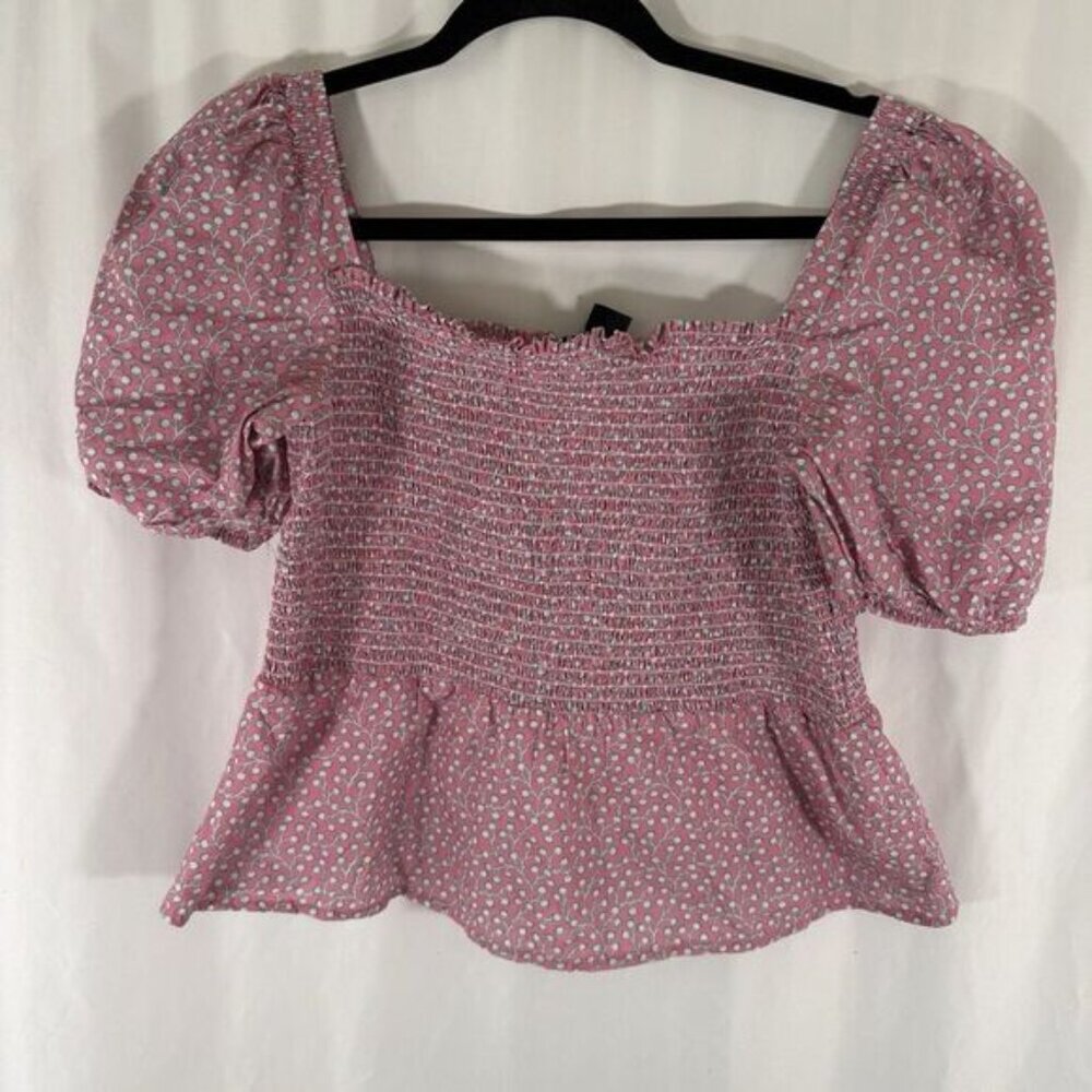 French Connection Blouse Women's 10 Pink Floral Smocked Square Neck Short Sleeve